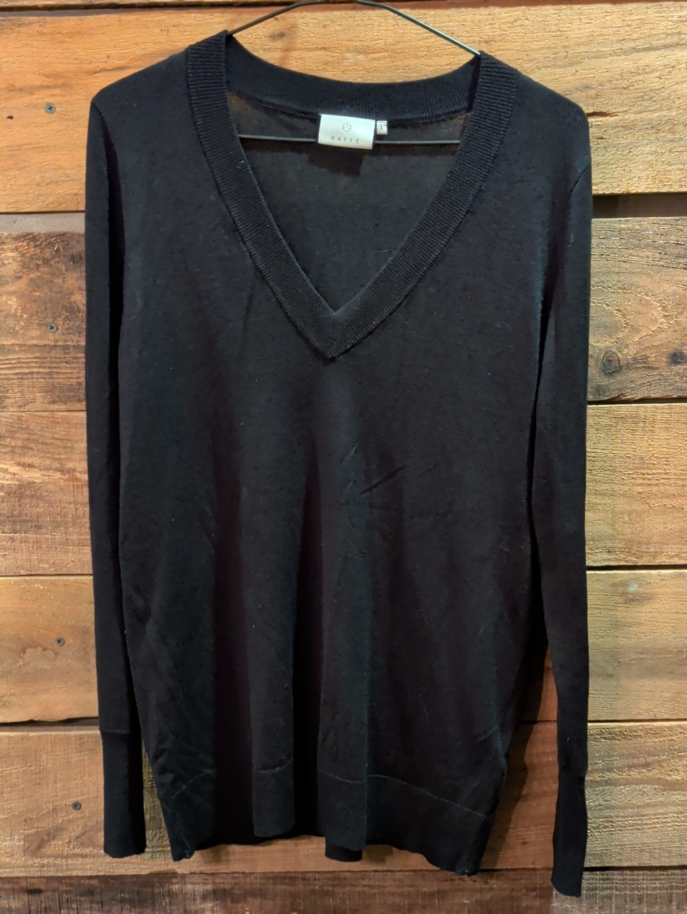 Kaffe Women's Black V-Neck Sweater With Black Buttons On Sleeves